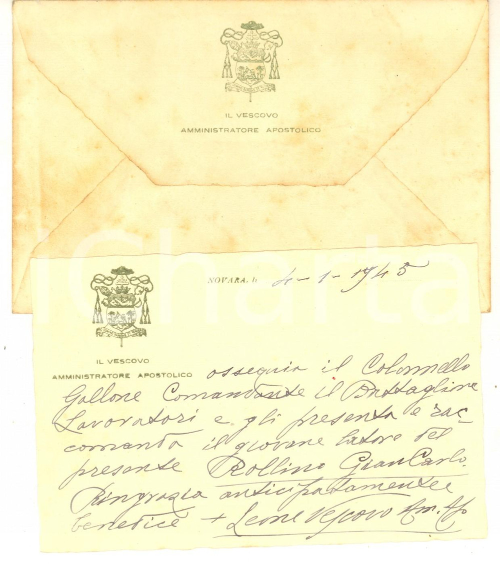 1945 NOVARA Mons. Leone Giacomo OSSOLA *Biglietto AUTOGRAFO con busta