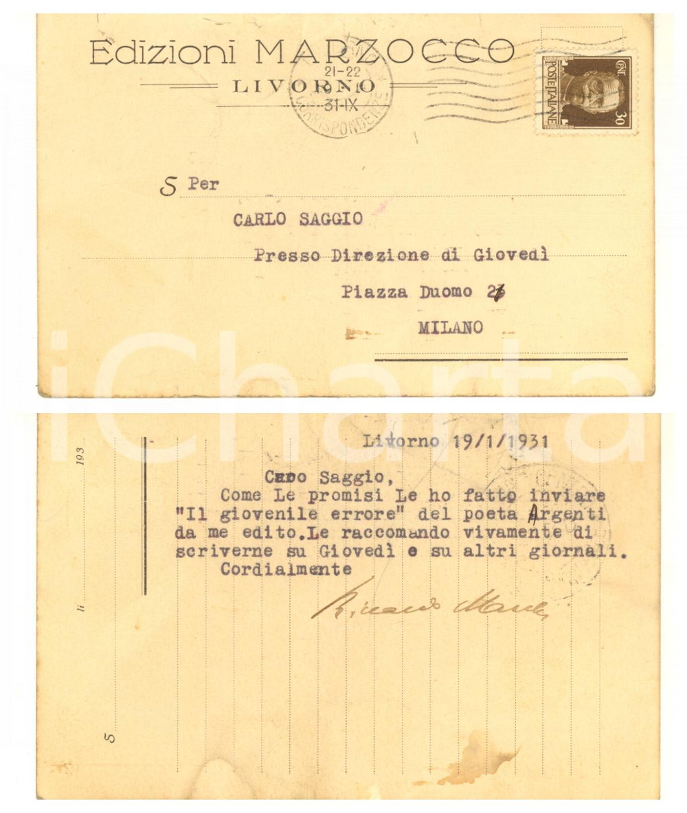1931 LIVORNO Cartolina scrittore Riccardo MARCHI per invio libro - AUTOGRAFO