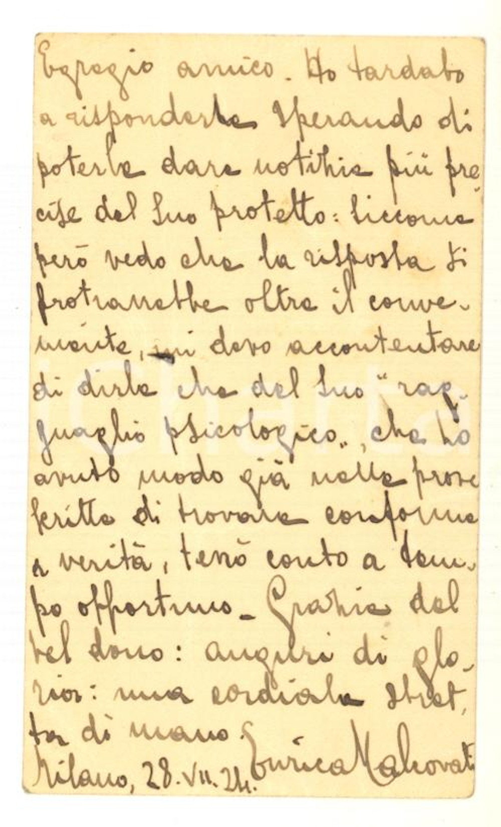 1924 MILANO Biglietto Enrica MALCOVATI per raccomandazione - AUTOGRAFO
