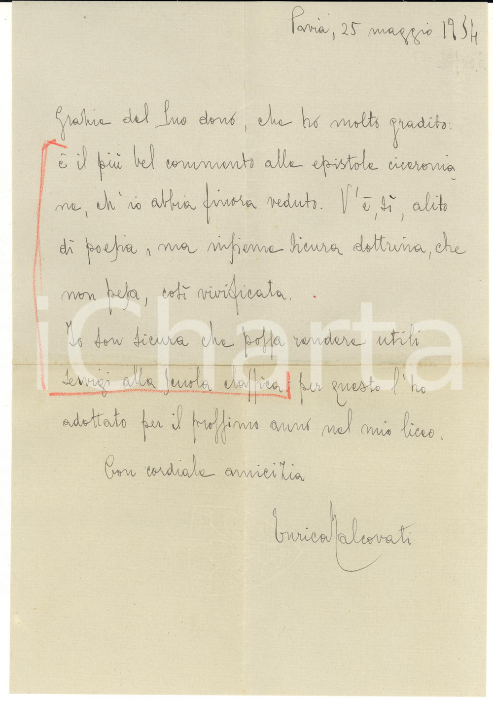 1934 PAVIA Lettera Enrica MALCOVATI per libro in dono - AUTOGRAFO