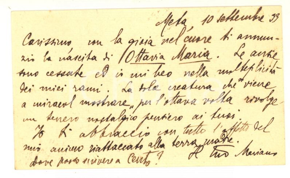 1933 META DI SORRENTO Biglietto Mariano MARESCA per nascita figlia - AUTOGRAFO
