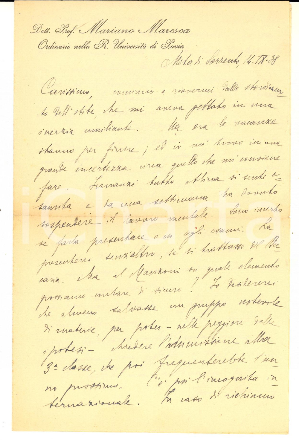 1938 META DI SORRENTO Mariano MARESCA teme il richiamo alle armi - AUTOGRAFO