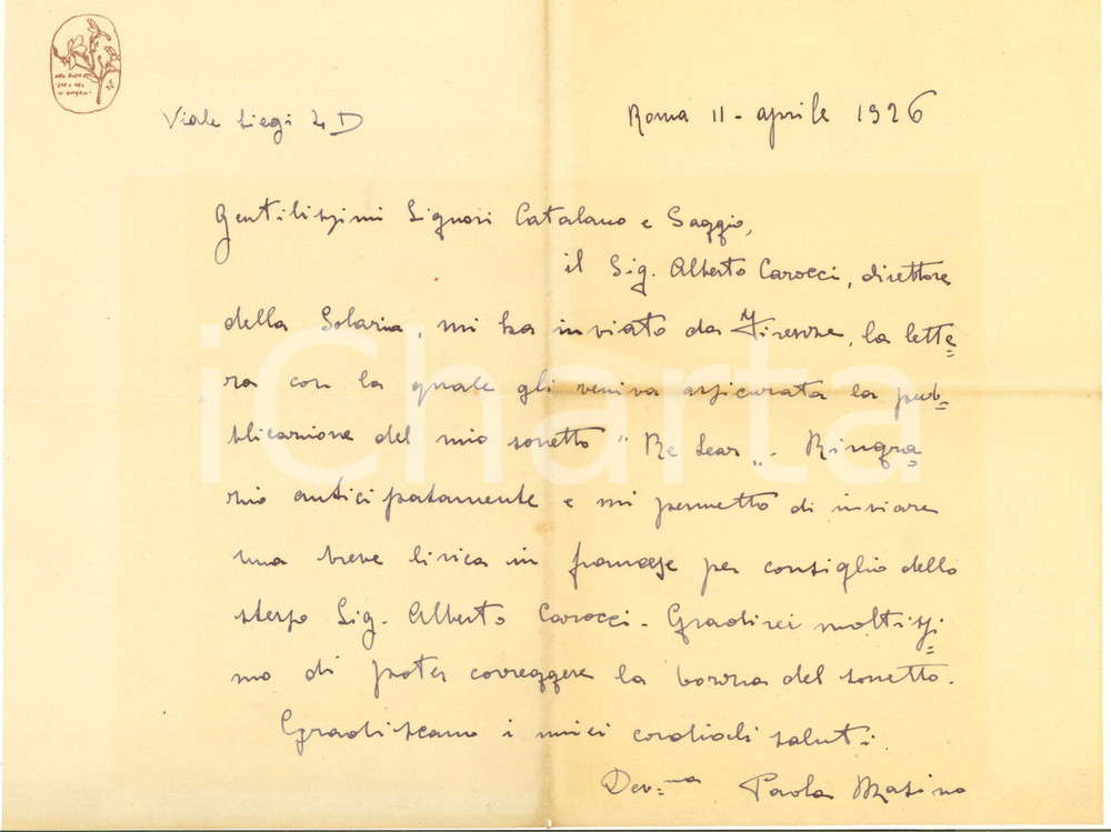 1926 ROMA Paola MASINO sulla pubblicazione del sonetto "Re Lear" - AUTOGRAFO