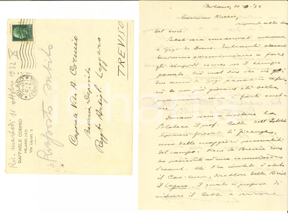 1932 MILANO Lettera agronomo Raffaele CORMIO al figlio Vito  - AUTOGRAFO