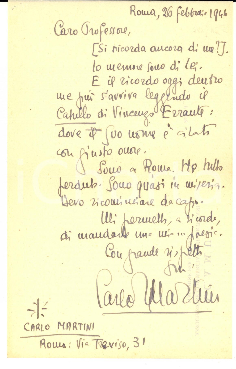 1946 ROMA Carlo MARTINI "Ho tutto perduto, sono in miseria" - AUTOGRAFO