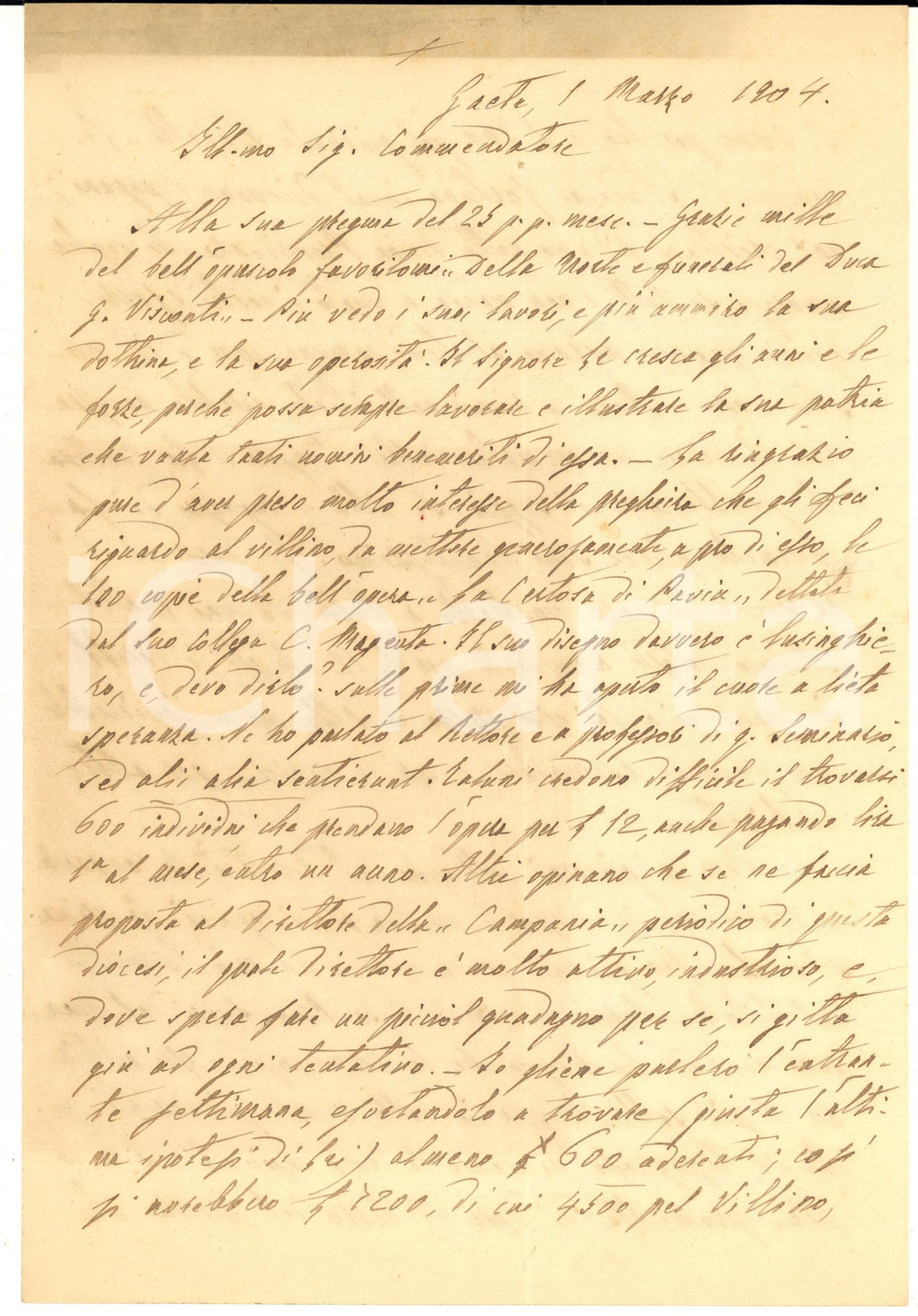 1904 GAETA Mons. Francesco NIOLA cerca aiuto presso rivista "Campania" AUTOGRAFO