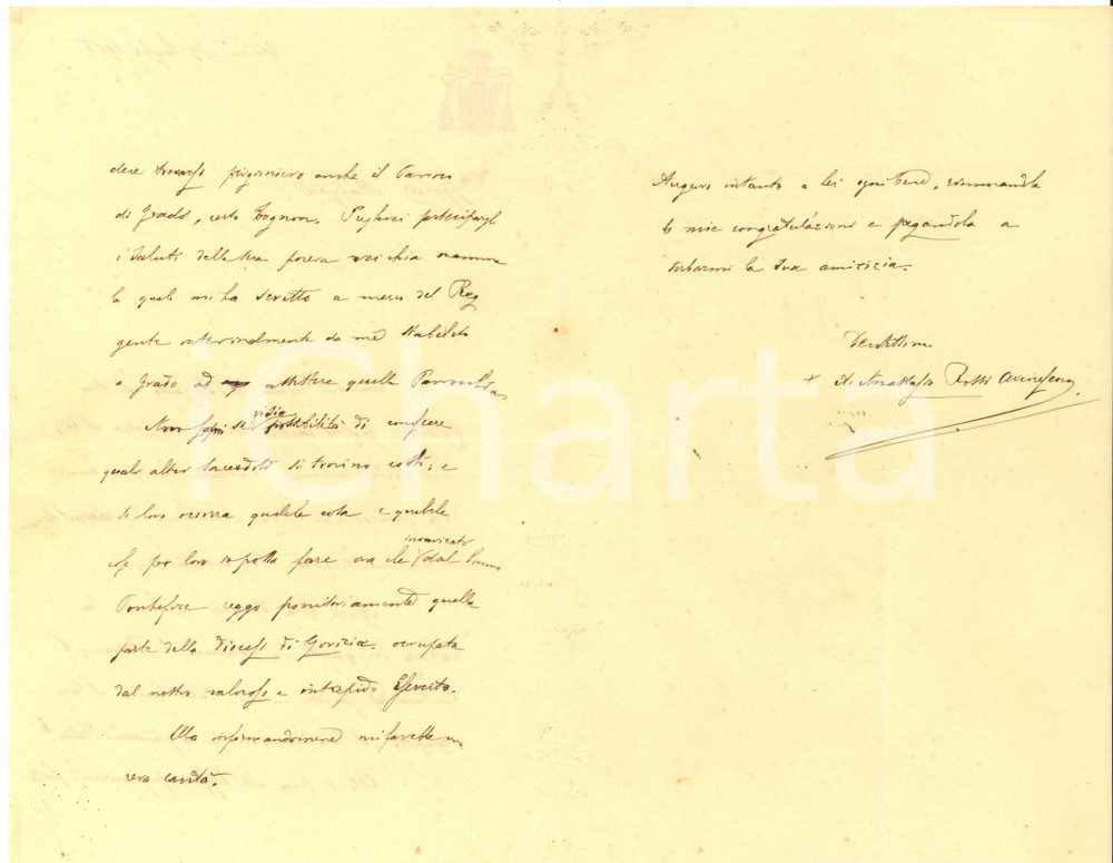 1915 WW1 UDINE Mons. Antonio Anastasio ROSSI pro sacerdoti prigionieri AUTOGRAFO Lettera interamente autografa di mons. Antonio Anastasio Rossi, che scrive a una persona in servizio presso l'Ufficio Prigionieri per conoscere la situazione dei sacerdoti presenti e le loro necessit&agrave;.Mons. Rossi scrive dopo aver ricevuto l'incarico di reggenza per la diocesi di Gorizia "...occupata dal nostro valoroso e intrepido esercito...".Carta intestata.CONDIZIONI: FAIR (piegature d'epoca e taglio al lato destro)PAGINE: 4 (3 scritte)    originale e autentica 1