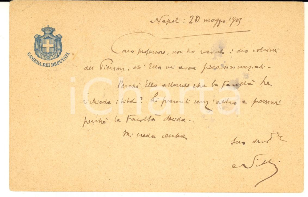 1905 NAPOLI Francesco Saverio NITTI sollecita un invio di libri - AUTOGRAFO