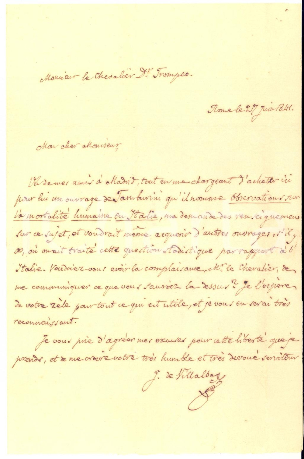 1841 ROMA Ambasciatore Julian DE VILLALBA - Lettera per un libro - AUTOGRAFO
