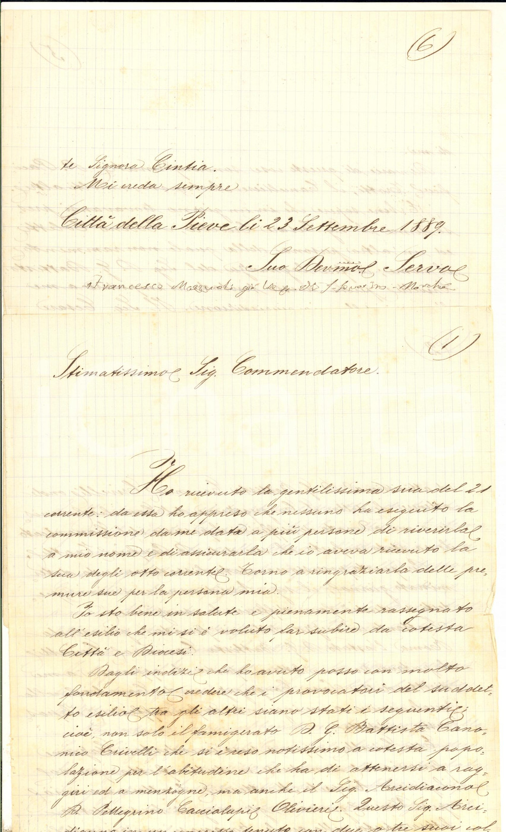 1889 CITTA' DELLA PIEVE Mons. Francesco MAZZUOLI vittima di intrighi *AUTOGRAFO