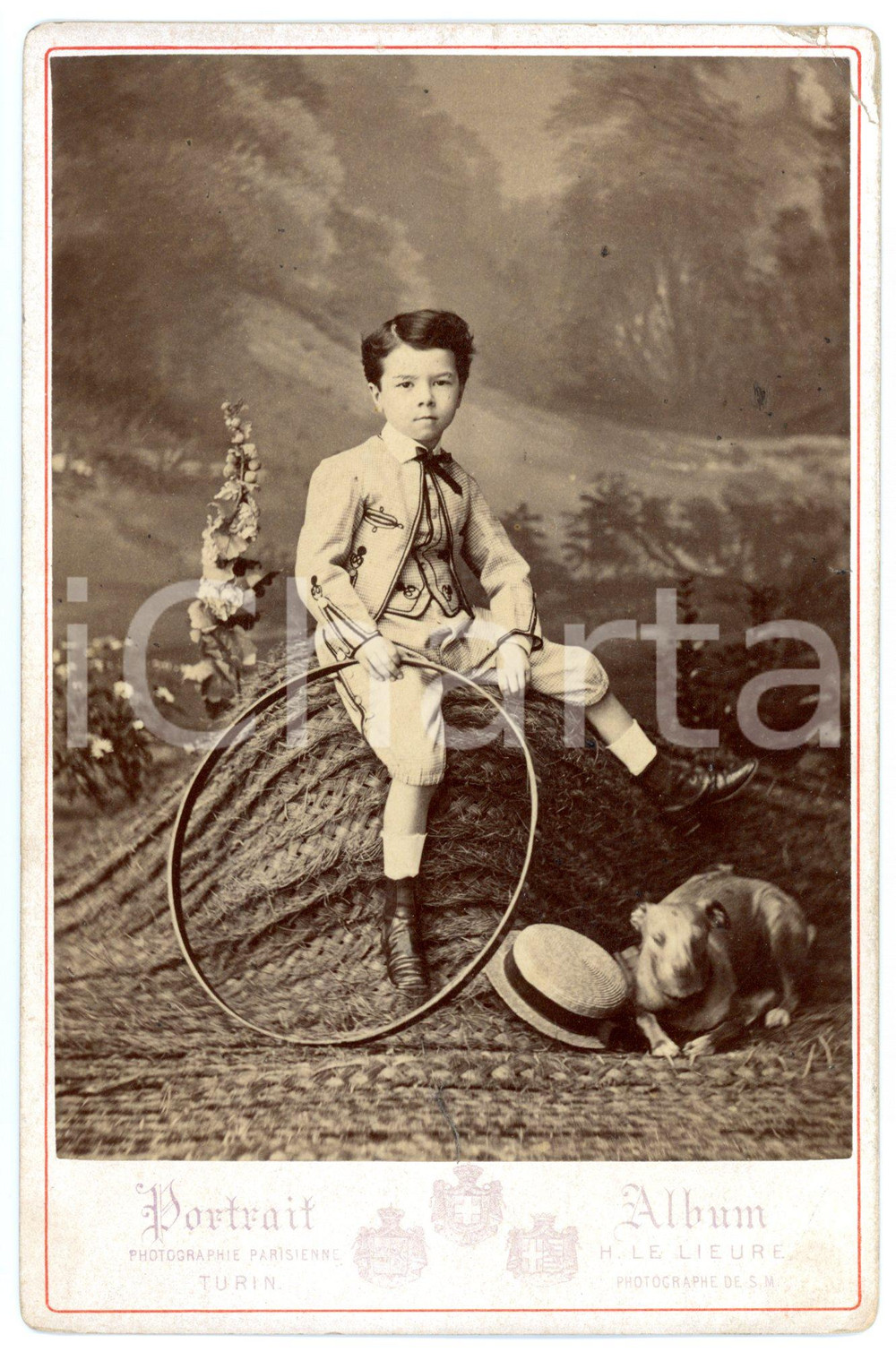 1870 ca TORINO Ritratto di bambino con cerchio e cane - Foto LE LIEURE 11x16 cm