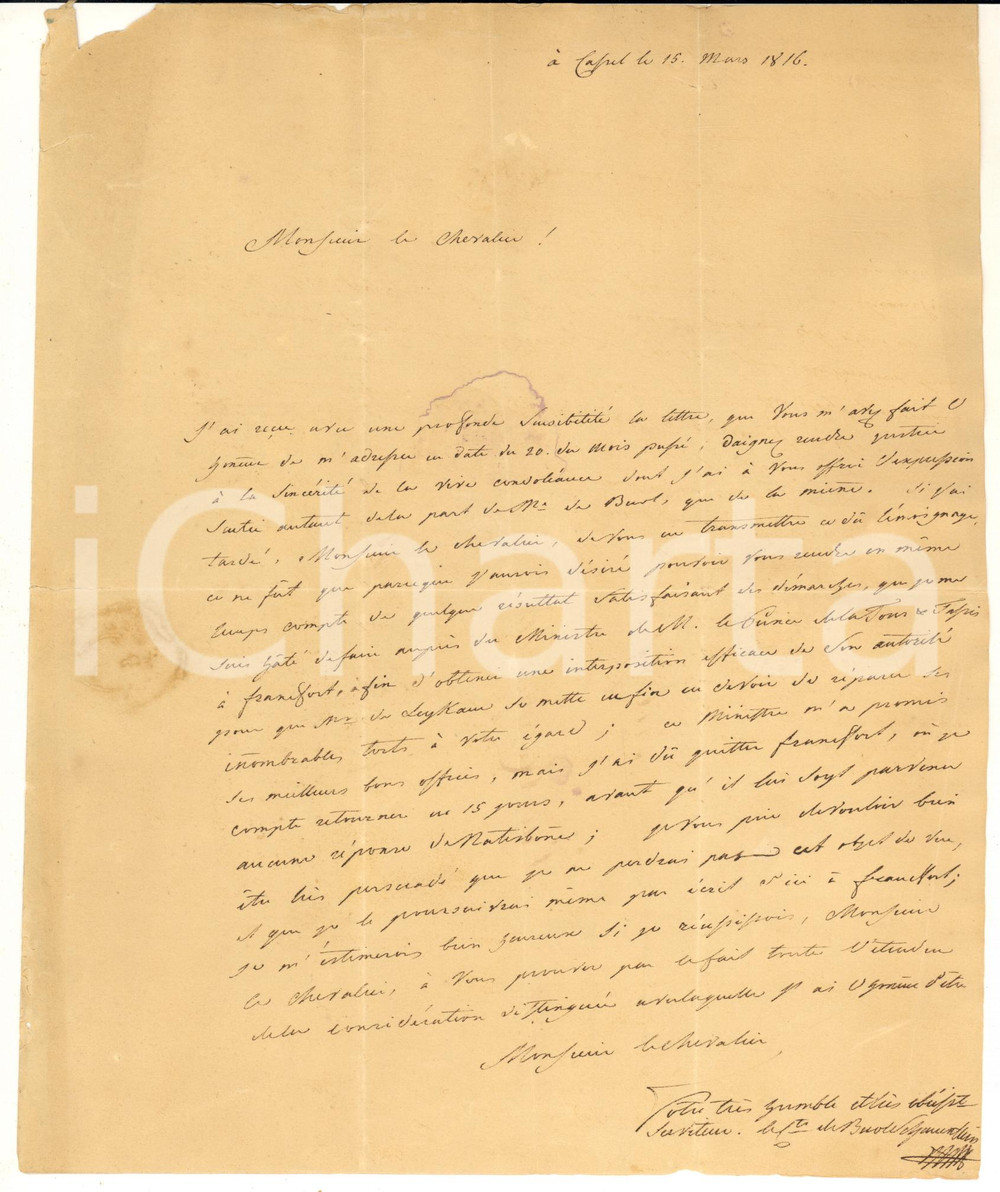 1816 CASSEL Lettera Karl Ferdinand BUOL-SCHAUENSTEIN a un cavaliere *AUTOGRAFO