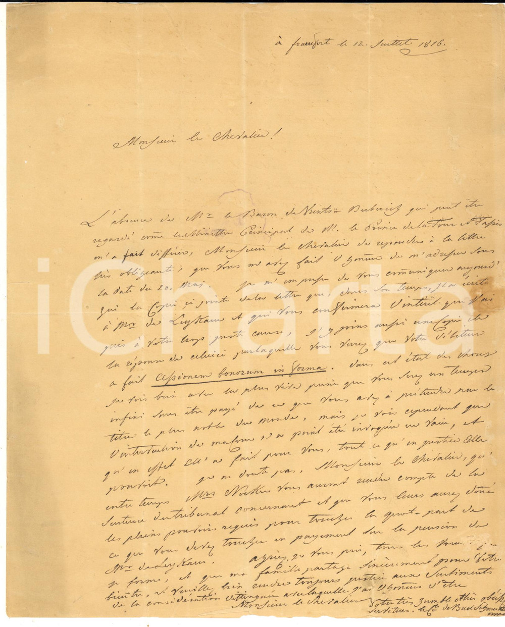 1816 FRANKFURT Lettera Karl Ferdinand BUOL-SCHAUENSTEIN a un cavaliere AUTOGRAFO