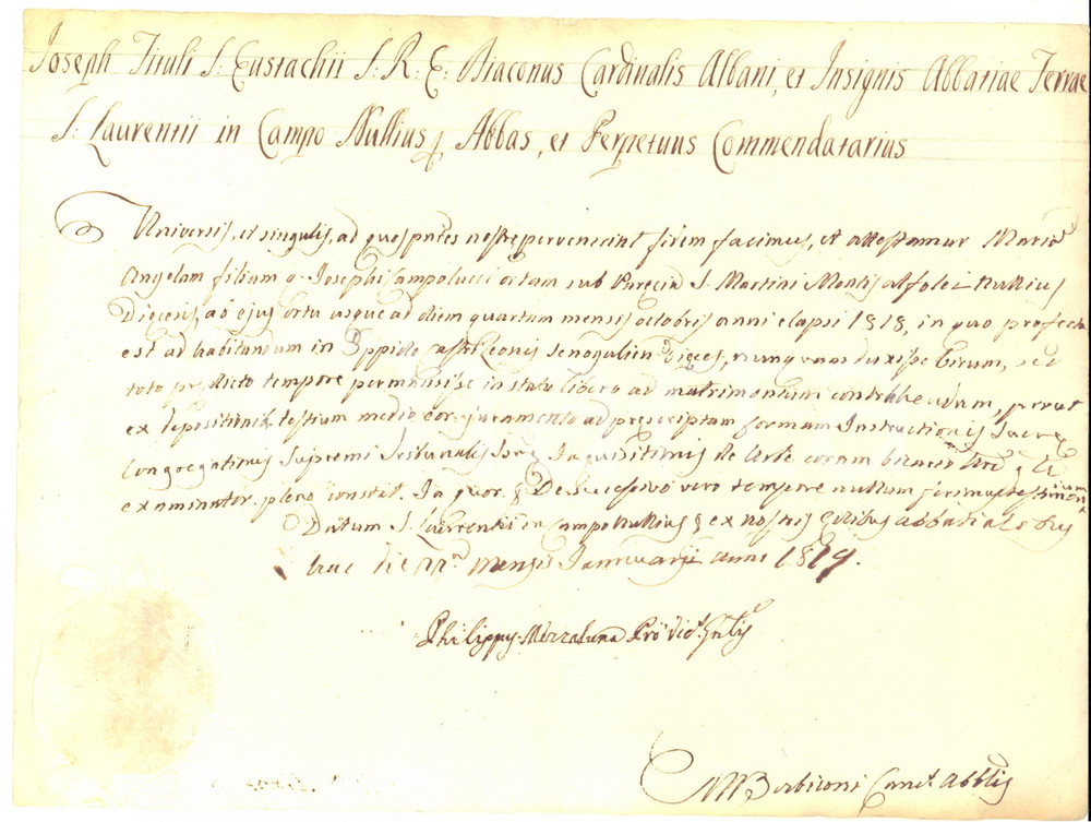 1819 SAN LORENZO IN CAMPO Fede stato libero Maria Angela CAMPOLUCCI *Manoscritto