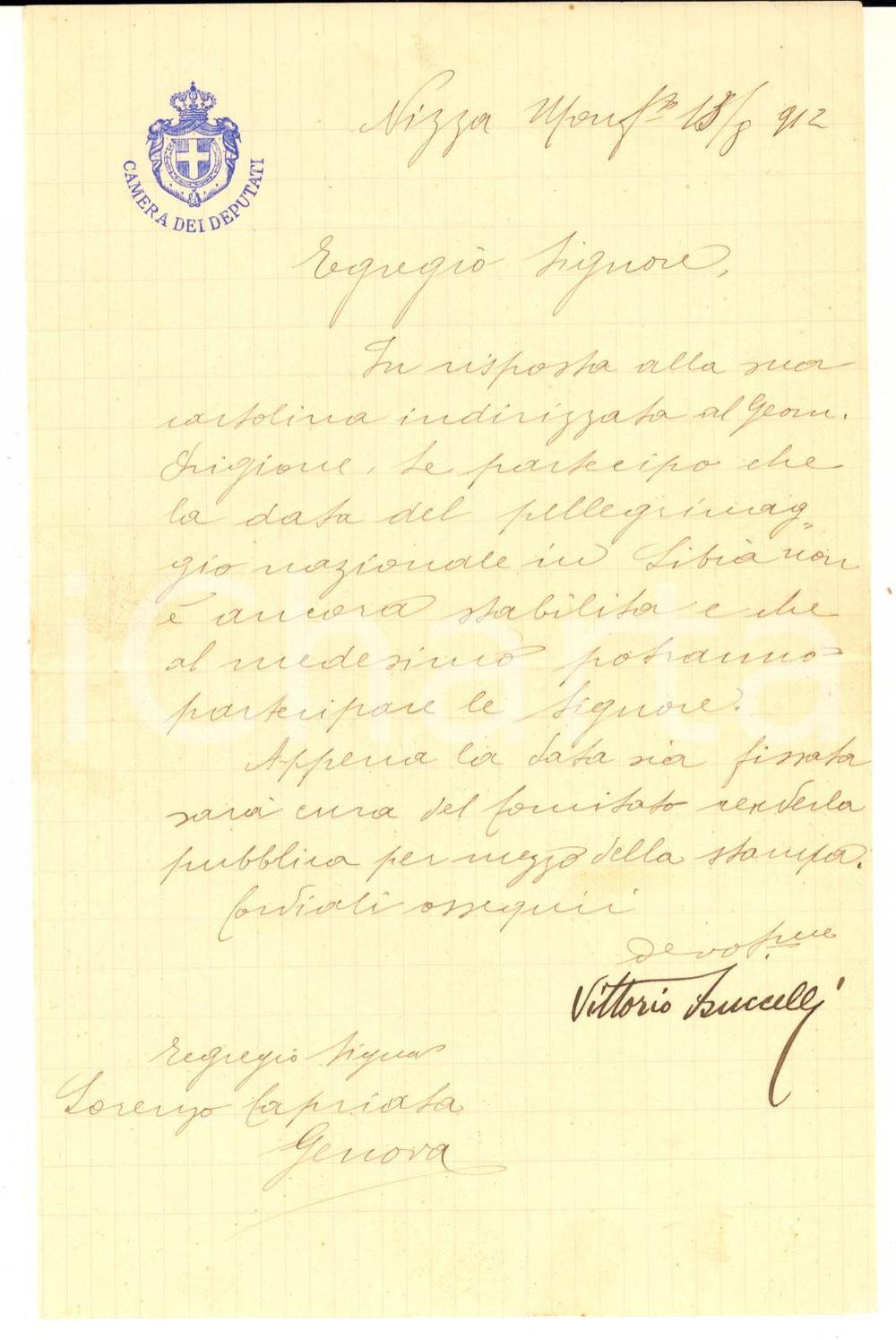 1912 NIZZA MONFERRATO Lettera on. Vittorio BUCCELLI per pellegrinaggio AUTOGRAFO
