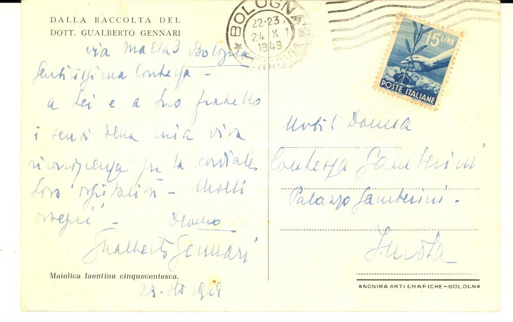 1949 BOLOGNA Gualberto GENNARI - Cartolina per ringraziamento - AUTOGRAFO