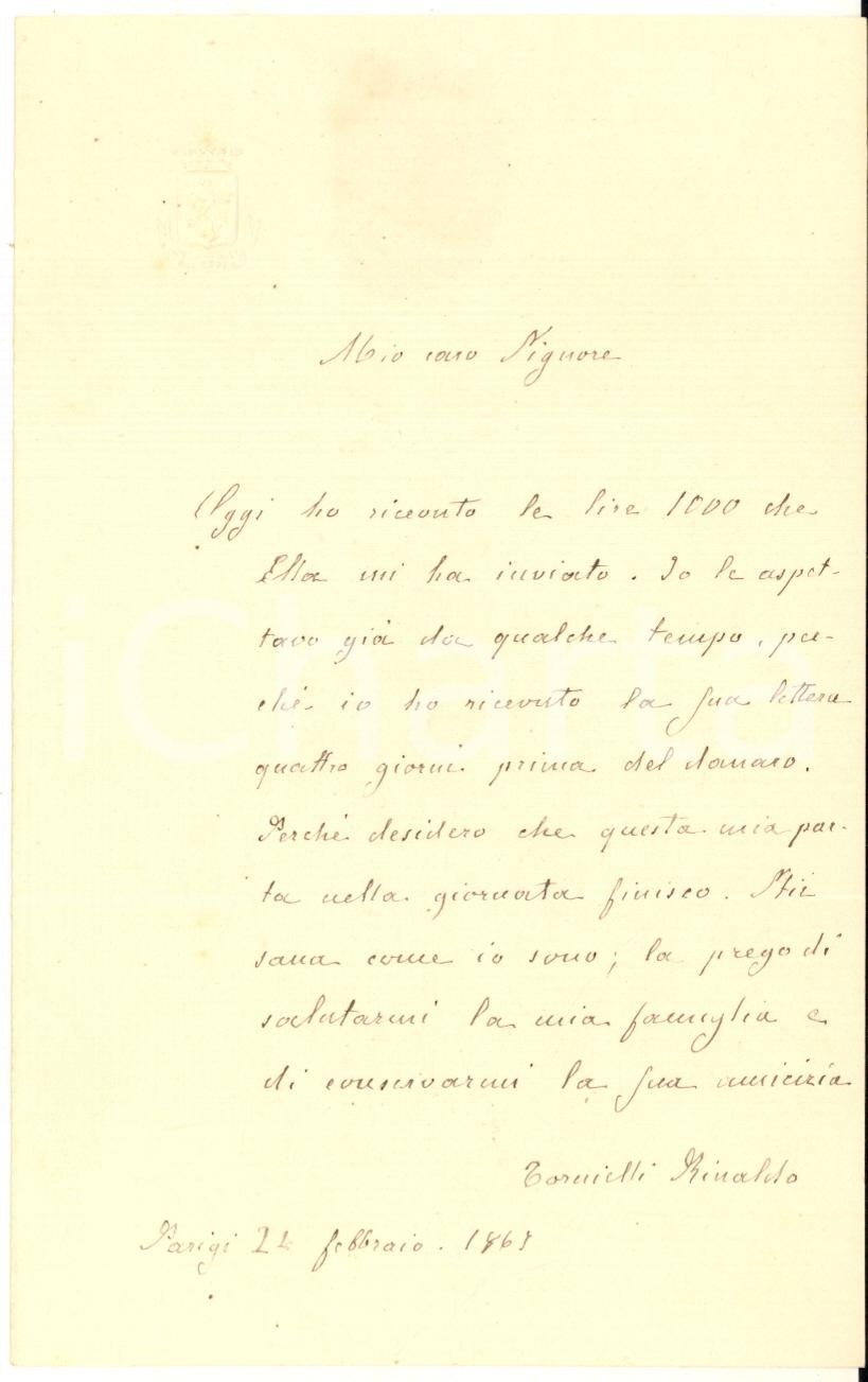 1867 PARIS Lettera marchese Rinaldo TORNIELLI per ringraziamento - AUTOGRAFO