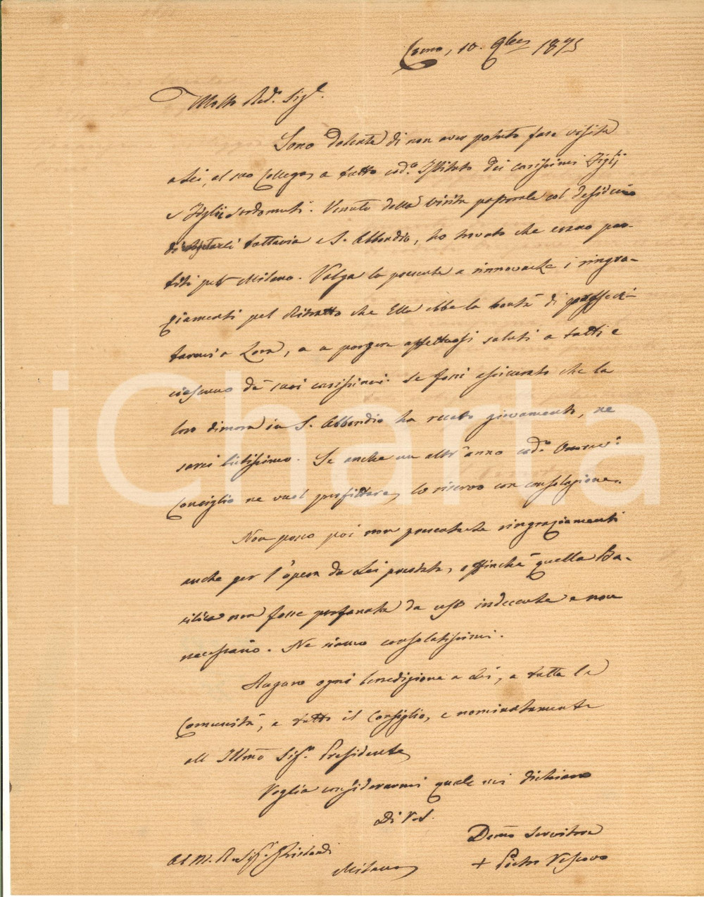 1875 COMO Mons. Pietro CARSANA - Lettera di ringraziamento -Autografo