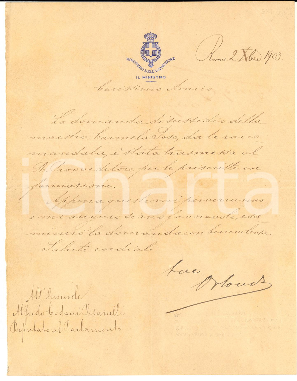 1903 ROMA Vittorio Emanuele ORLANDO - Lettera per domanda sussidio - Autografo