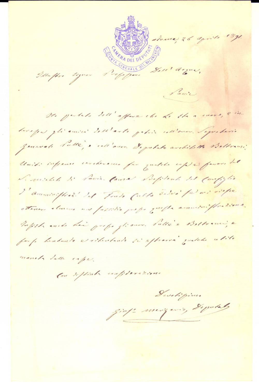 1891 ROMA Lettera on. Giuseppe MERZARIO pro S. Michele di Pavia - Autografo