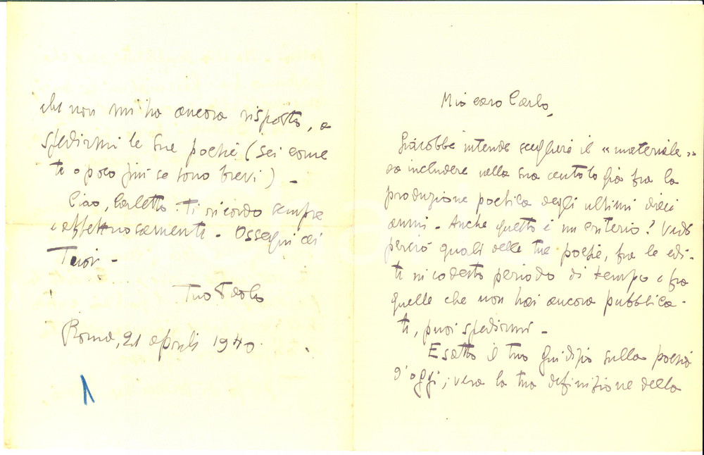 1940 ROMA Lettera Paolo NOBILE a Carlo SAGGIO per scelta poesie - Autografo