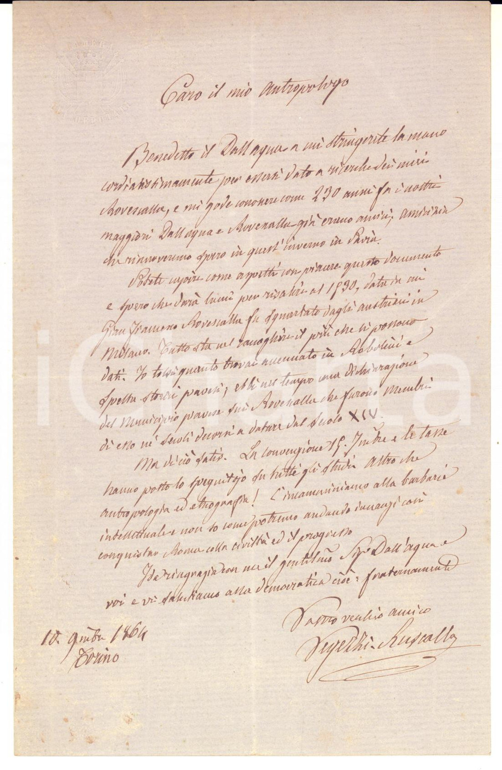 1864 TORINO Giovenale VEGEZZI RUSCALLA "C'incamminiamo alla barbarie" AUTOGRAFO