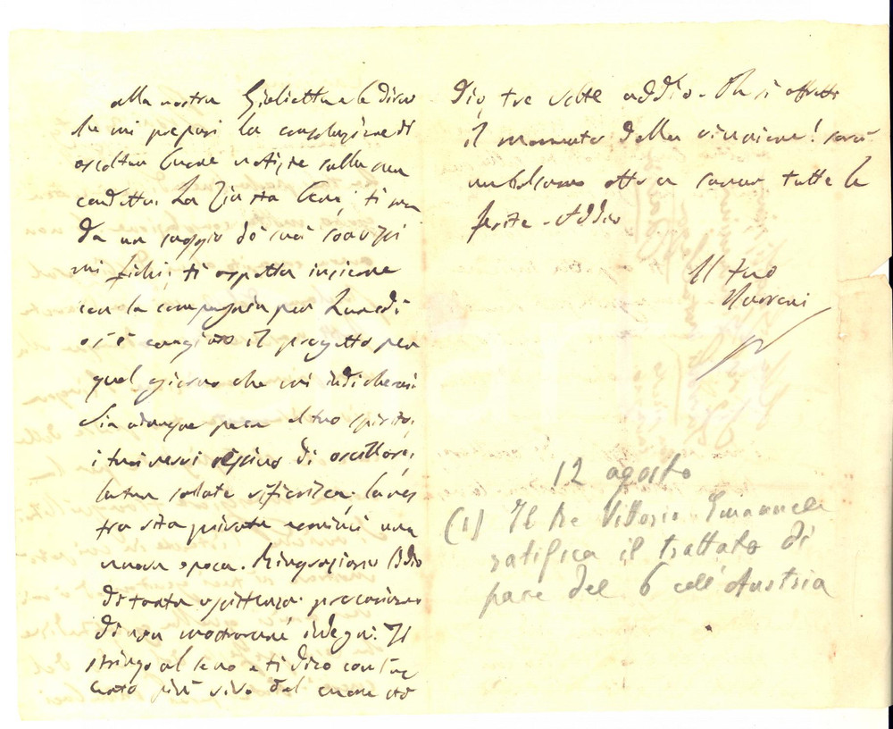 1849 BRONI Lettera Gerolamo TURRONI dopo la firma della pace - Autografo Lettera interamente autografa del patriota Gerolamo Turroni, lieto per la firma del trattato di pace con l'Austria.Inviata a Giuseppina Lega Turroni. CONDIZIONI: FAIR (piegature d'epoca; notazioni a matita di mano successiva)PAGINE: 4 (3 facciate scritte)    originale e autentica 1