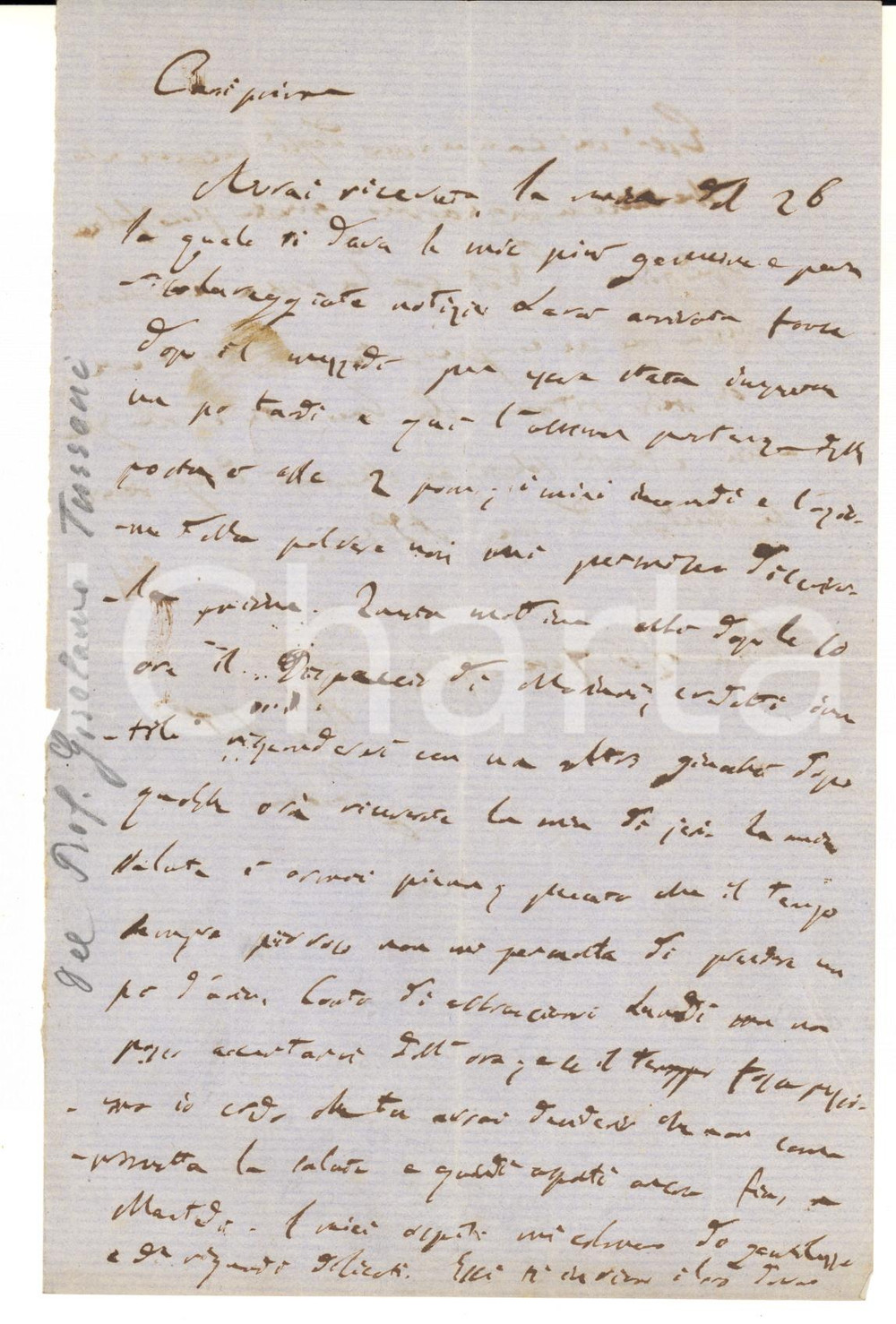 1823 PAVIA Lettera Gerolamo TURRONI per una prossima visita - Autografo Lettera interamente autografa del patriota Gerolamo Turroni, di carattere familiare CONDIZIONI: FAIR (piegature d'epoca; notazioni a matita di mano successiva)PAGINE: 1 (2 facciate scritte)    originale e autentica 1