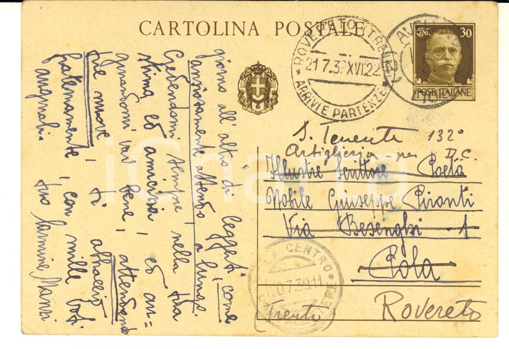 1939 S. ANGELO Carmine MANZI all'amico Giuseppe Pironti - AUTOGRAFO Cartolina postale con messaggio autografo. CONDIZIONI: G FORMATO: FG     originale e autentica 1