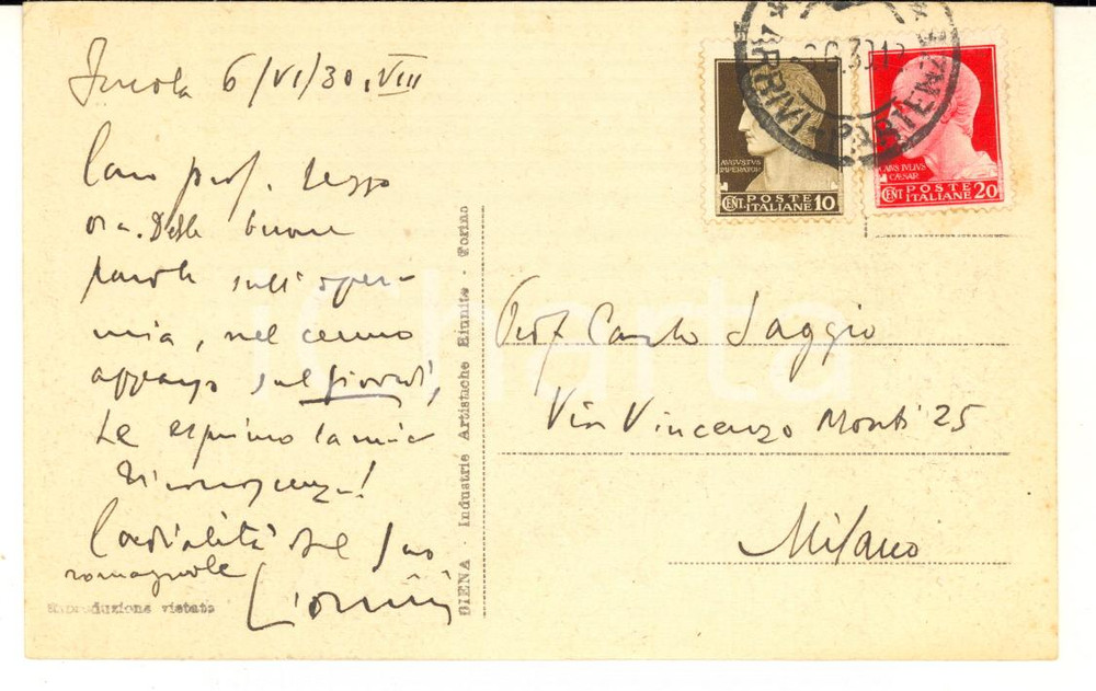 1930 IMOLA Leone ORSINI ringrazia per recensione - Cartolina AUTOGRAFA
