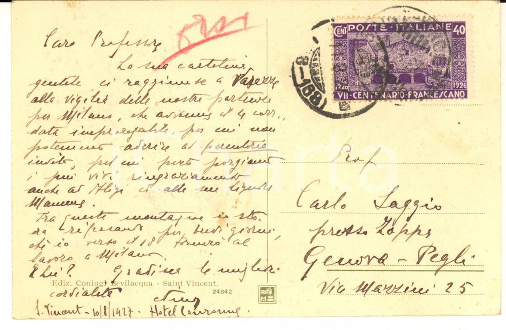 1927 SAINT-VINCENT Cartolina Nino ORSI per ringraziamento - AUTOGRAFO
