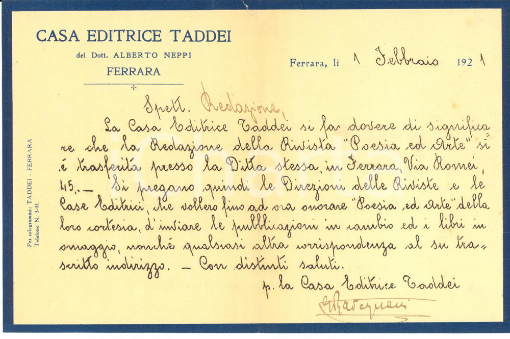 1921 FERRARA Lettera Casa Editrice TADDEI - Autografo Giuseppe RAVEGNANI