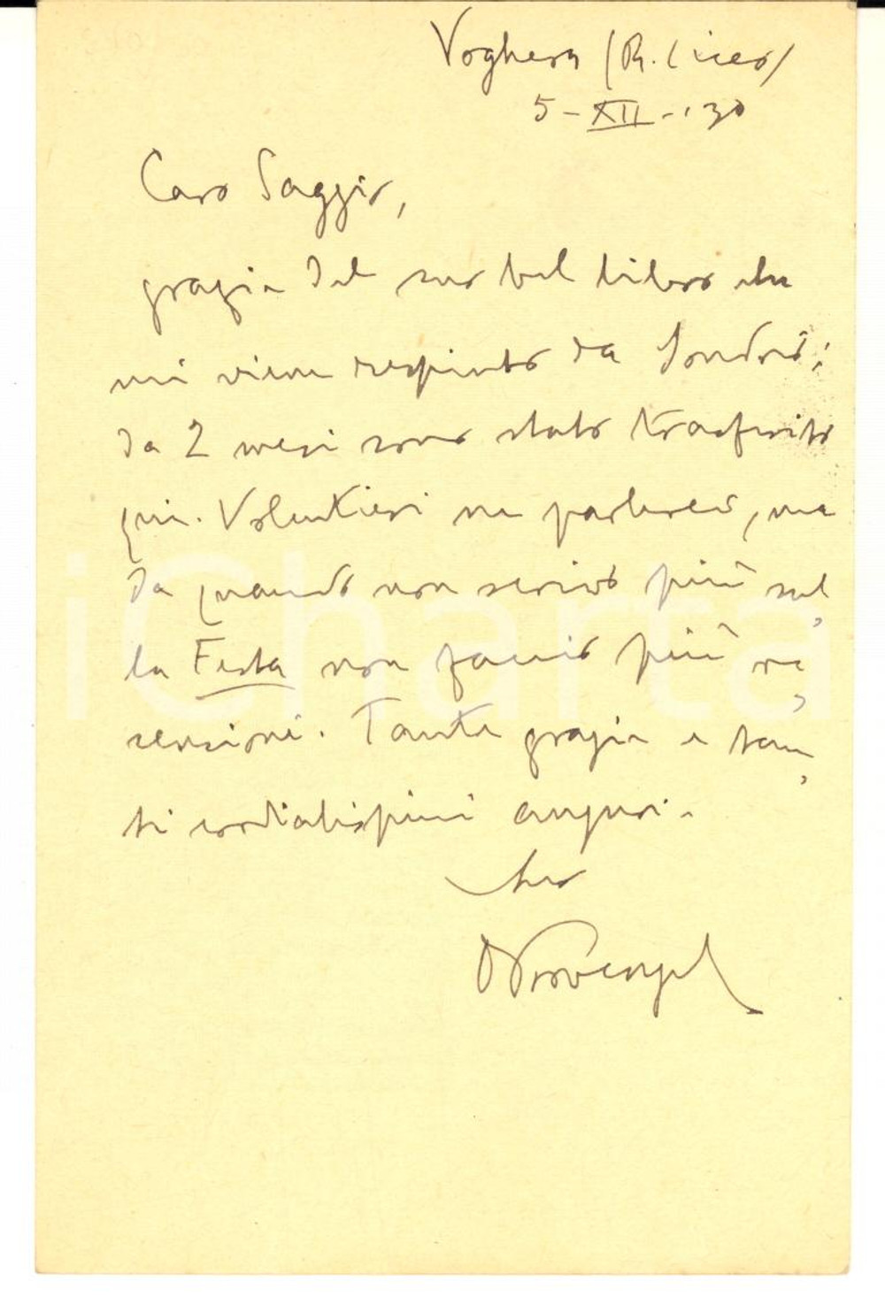 1930 VOGHERA Dino PROVENZAL ringrazia per libro ricevuto - AUTOGRAFO