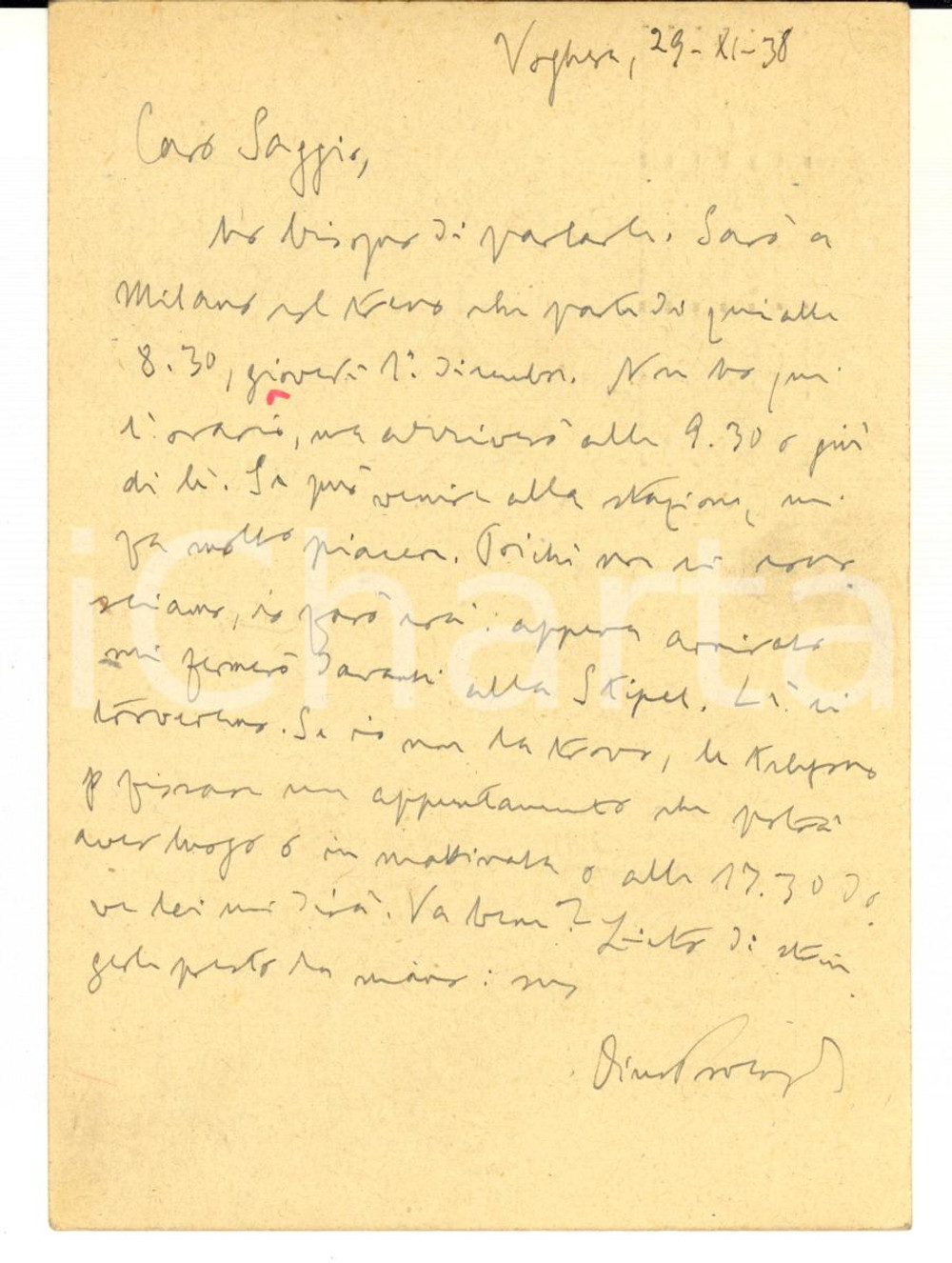 1938 VOGHERA Dino PROVENZAL chiede un incontro a Carlo Saggio - AUTOGRAFO