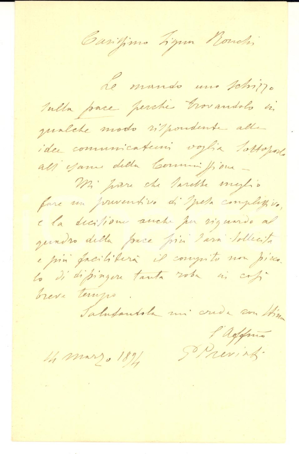 1894 MILANO Gaetano PREVIATI invia schizzo sul tema della pace - AUTOGRAFO