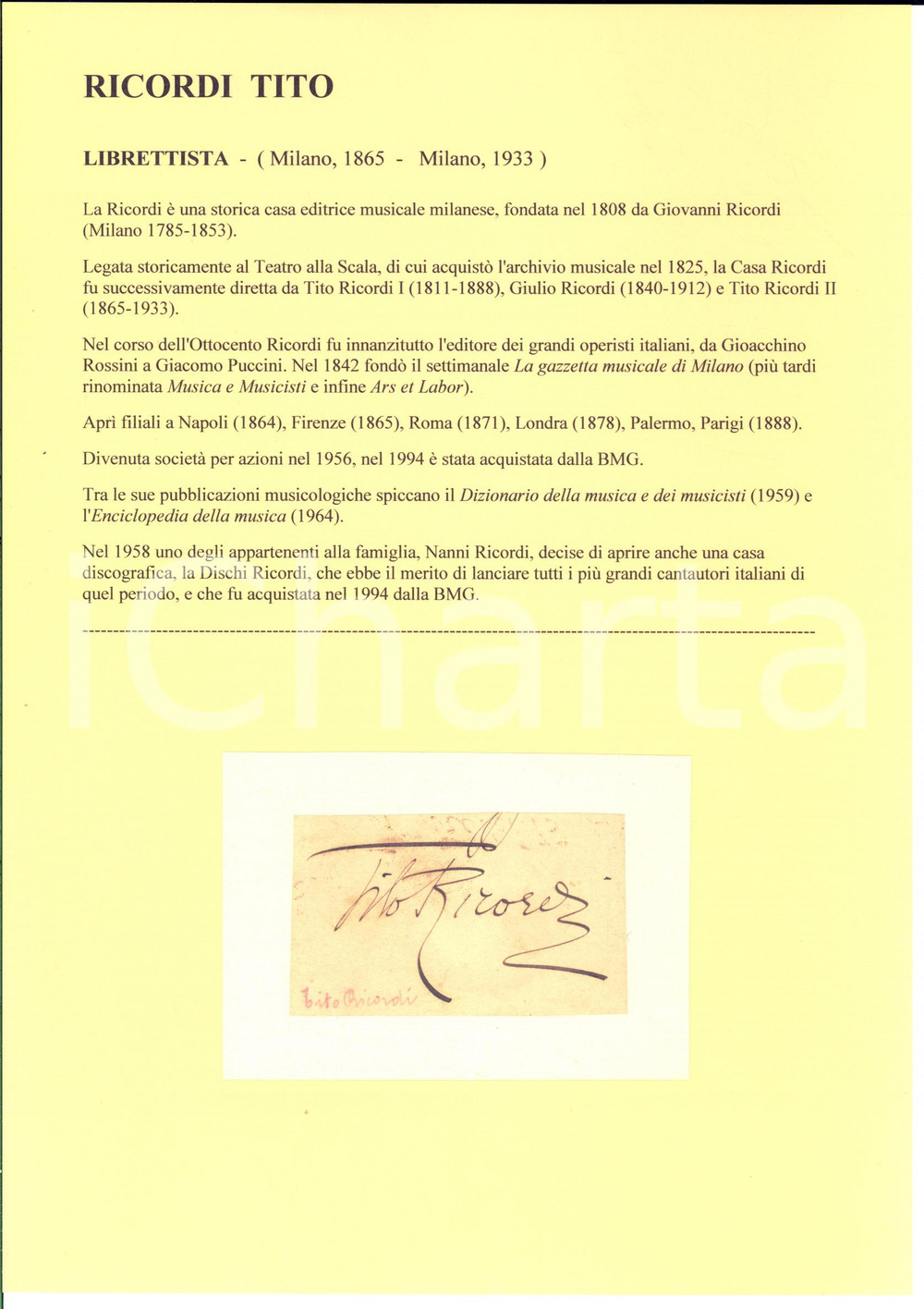 1900 ca MILANO Tito RICORDI - Librettista - AUTOGRAFO su carta (frammento)