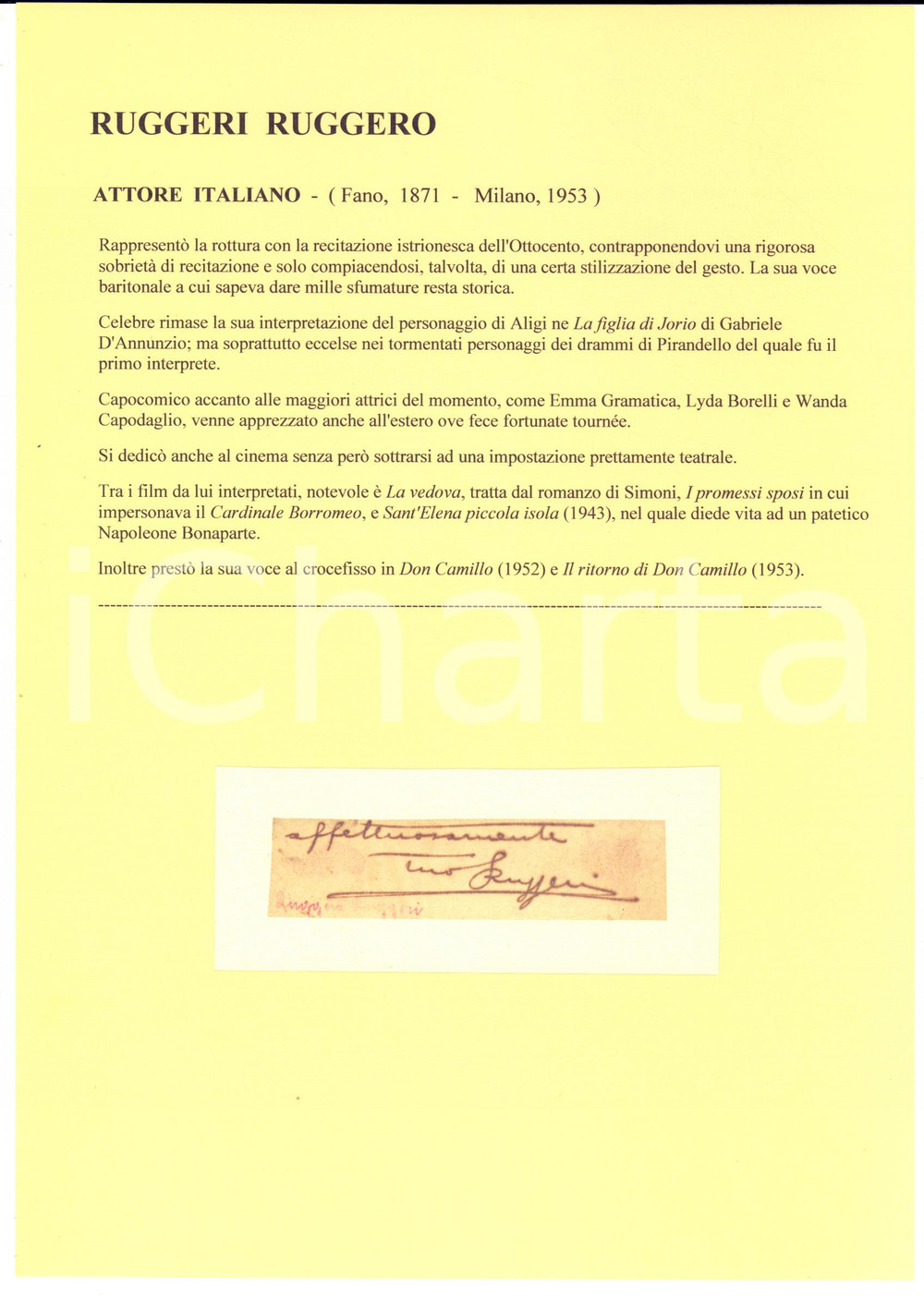 1900 ca MILANO Ruggero RUGGERI - Attore - AUTOGRAFO su carta (frammento)