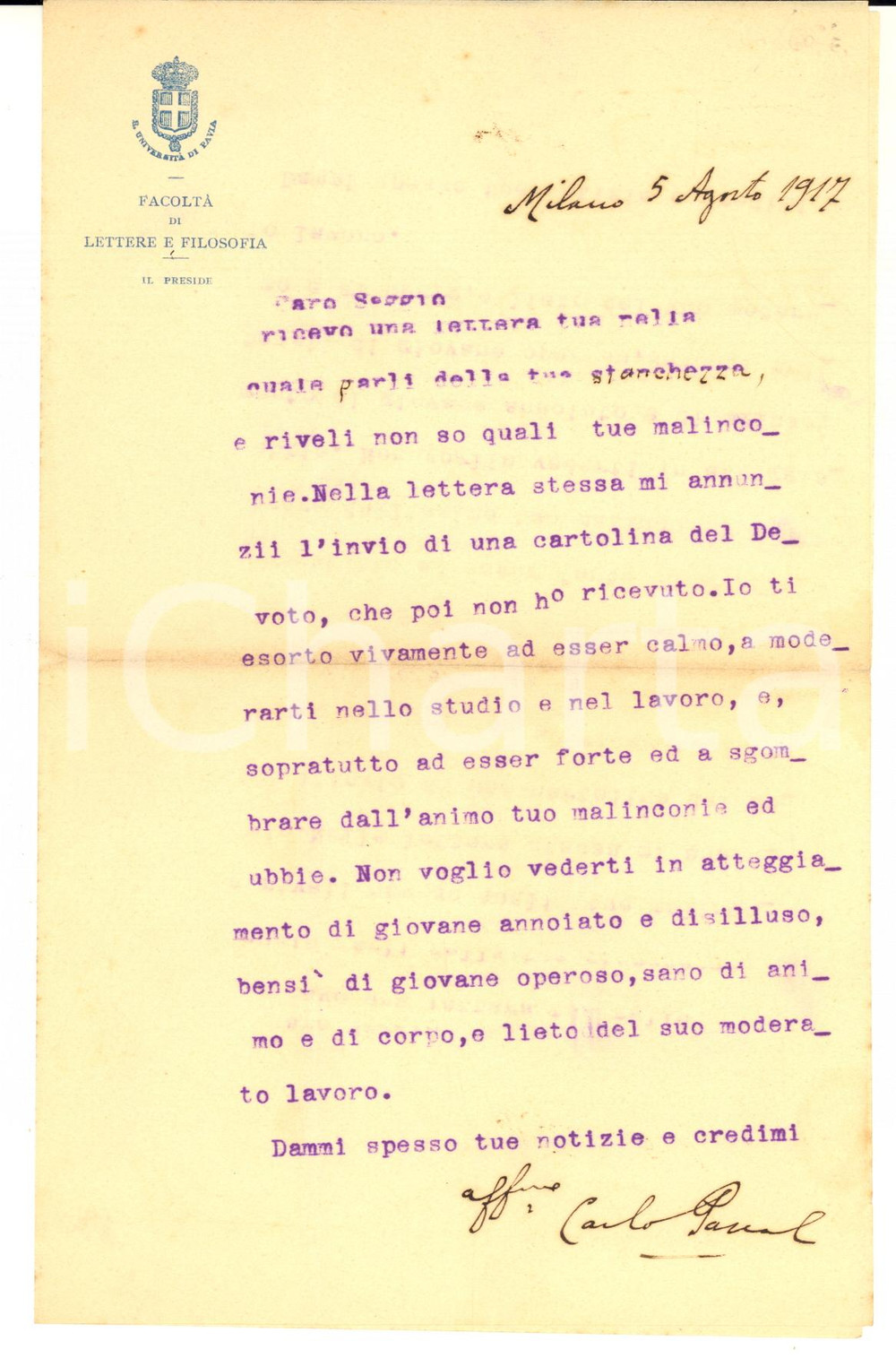 1917 MILANO Carlo PASCAL esorta un giovane malinconico - AUTOGRAFO