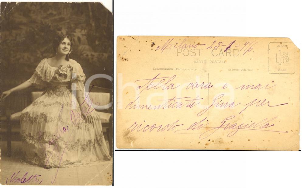 1916 MILANO Soprano Graziella PARETO "La Traviata" - Fotocartolina con AUTOGRAFO Fotocartolina con messaggio autografo.CONDIZIONI: POOR (mancanza angolare e piegature)FORMATO: FP    originale e autentica 1
