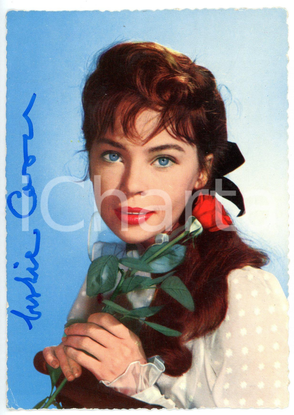 1960 ca CINEMA Attrice Leslie CARON con una rosa - Fotocartolina con AUTOGRAFO