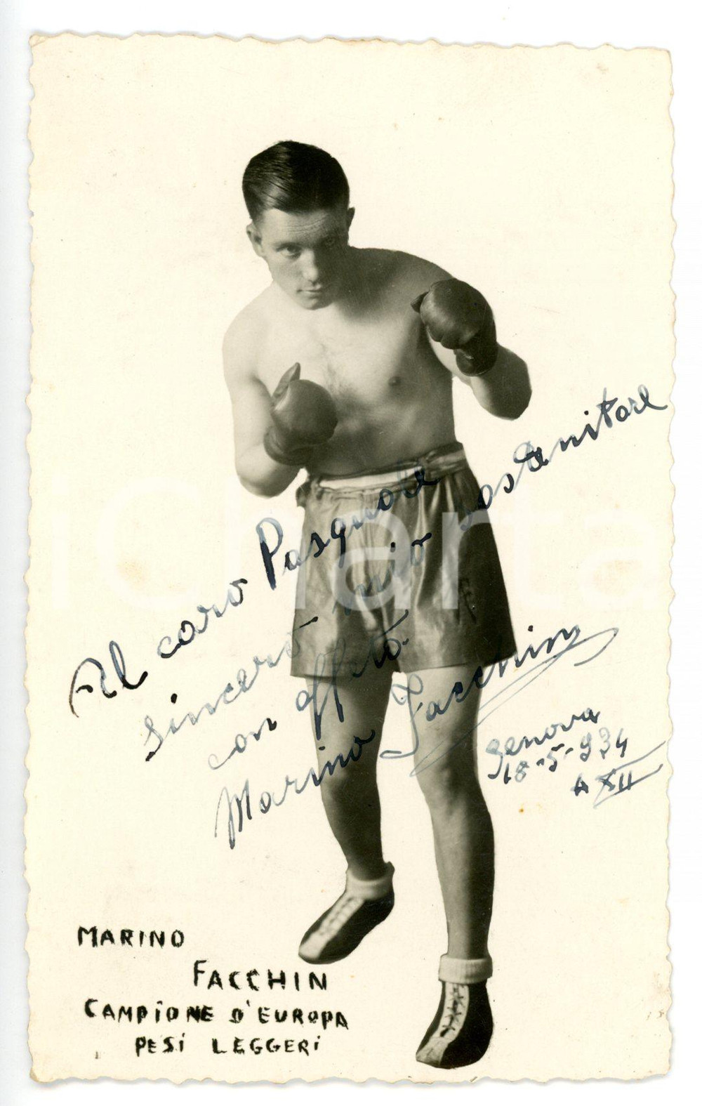 1934 GENOVA PUGILATO Marino FACCHIN campione europeo PESI LEGGERI - AUTOGRAFO