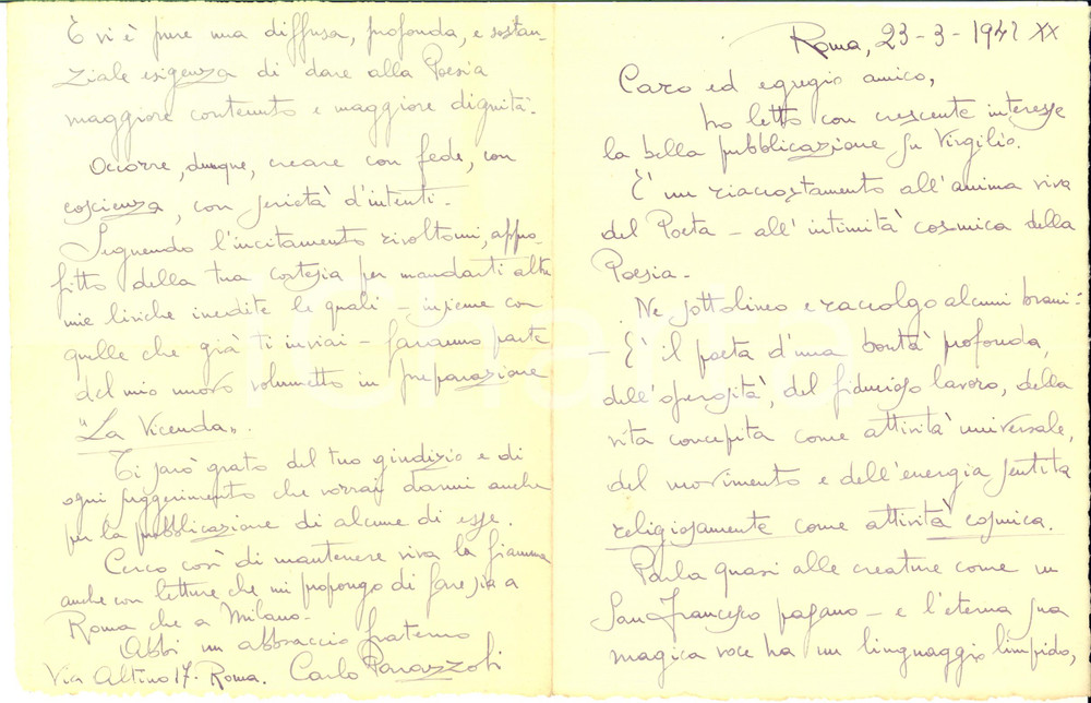 1942 ROMA Lettera Carlo PARAZZOLI per invio nuove liriche - AUTOGRAFO