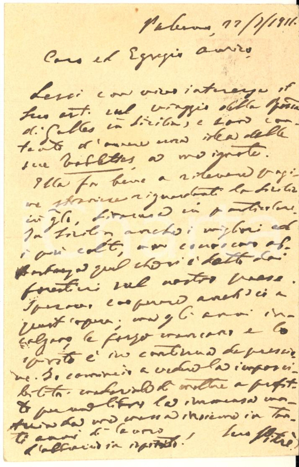 1911 PALERMO Giuseppe PITRE' commenta articolo ricevuto - Cartolina AUTOGRAFA