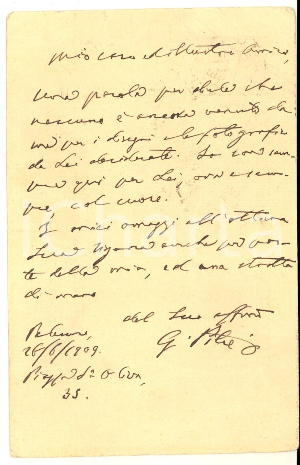 1909 PALERMO Giuseppe PITRE' a Luigi MAUCERI - Cartolina AUTOGRAFA DANNEGGIATA