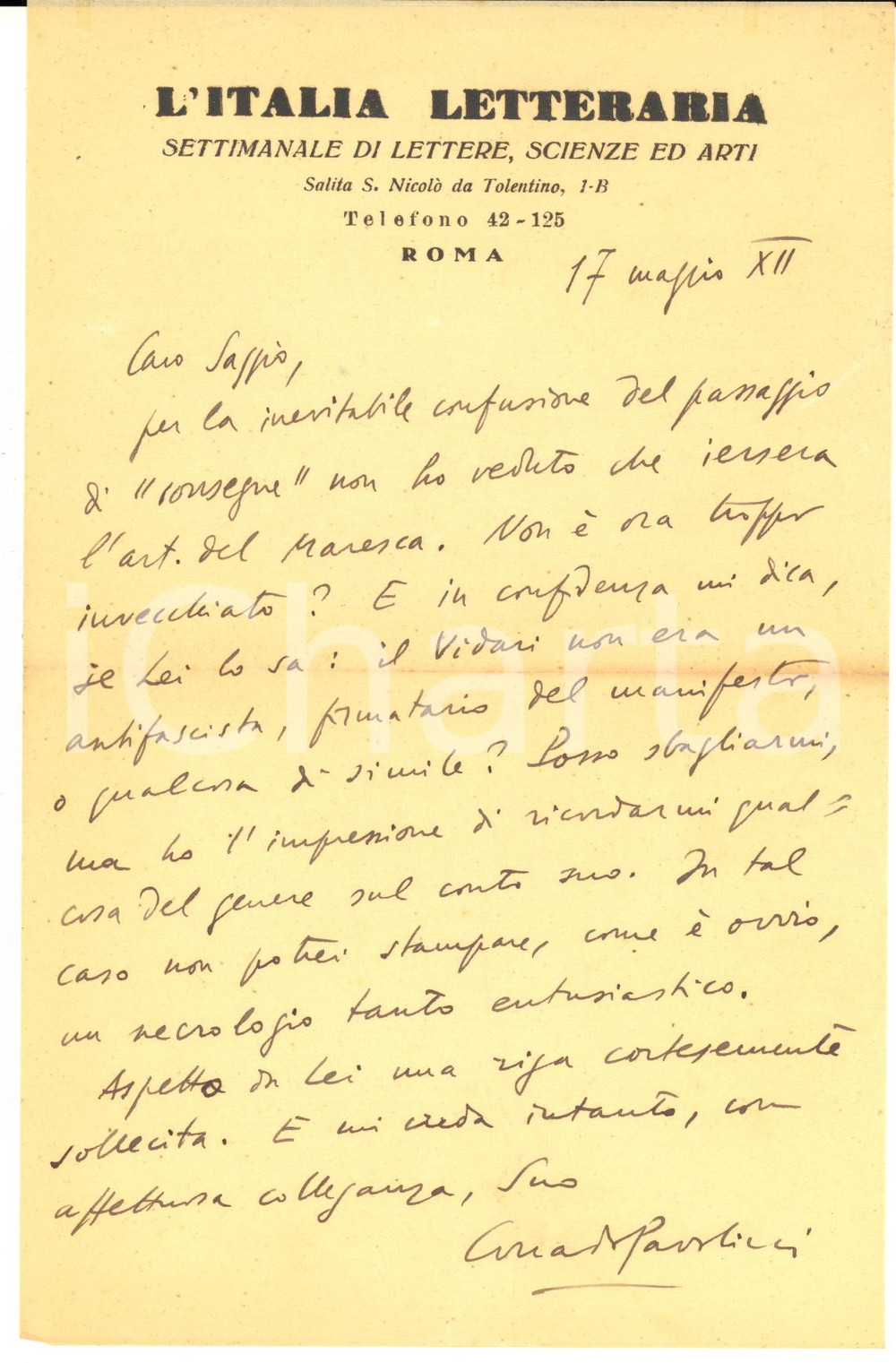 1934 ROMA Corrado PAVOLINI non elogia Giovanni VIDARI antifascista - AUTOGRAFO