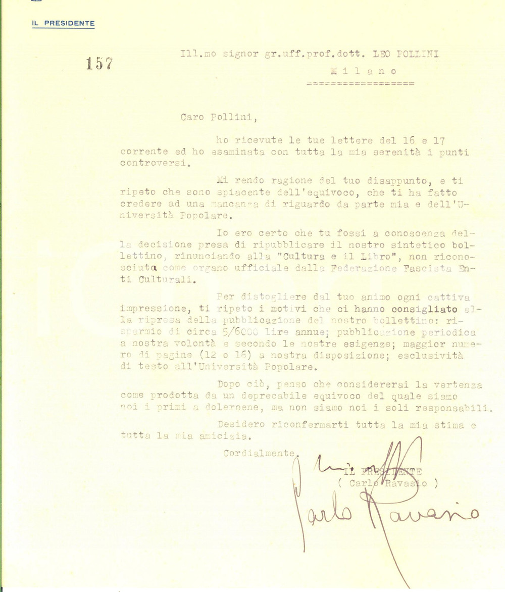 1933 MILANO Lettera Carlo RAVASIO a Leo POLLINI per equivoco - AUTOGRAFO