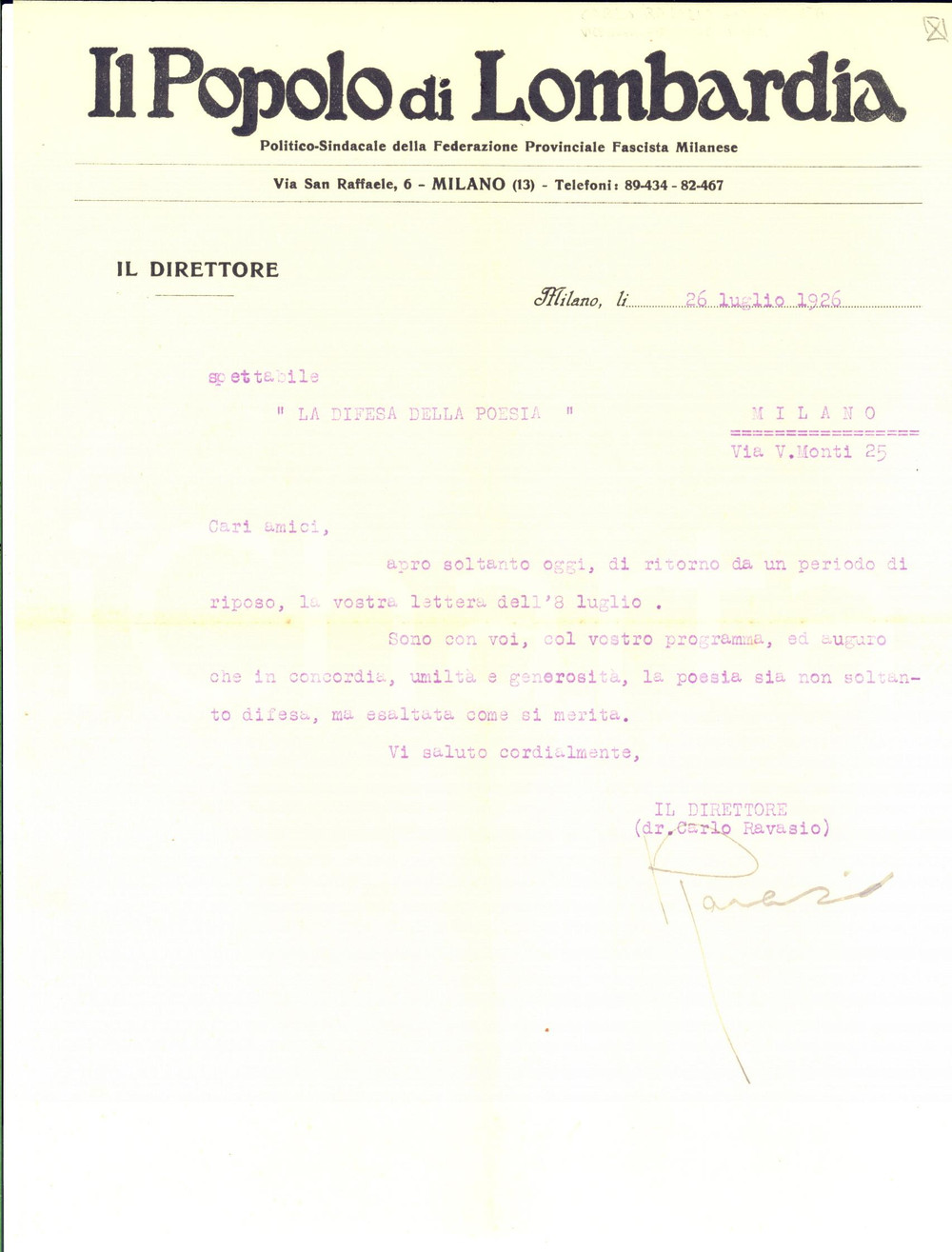 1926 MILANO Carlo RAVASIO "La poesia sia esaltata come si merita" - AUTOGRAFO