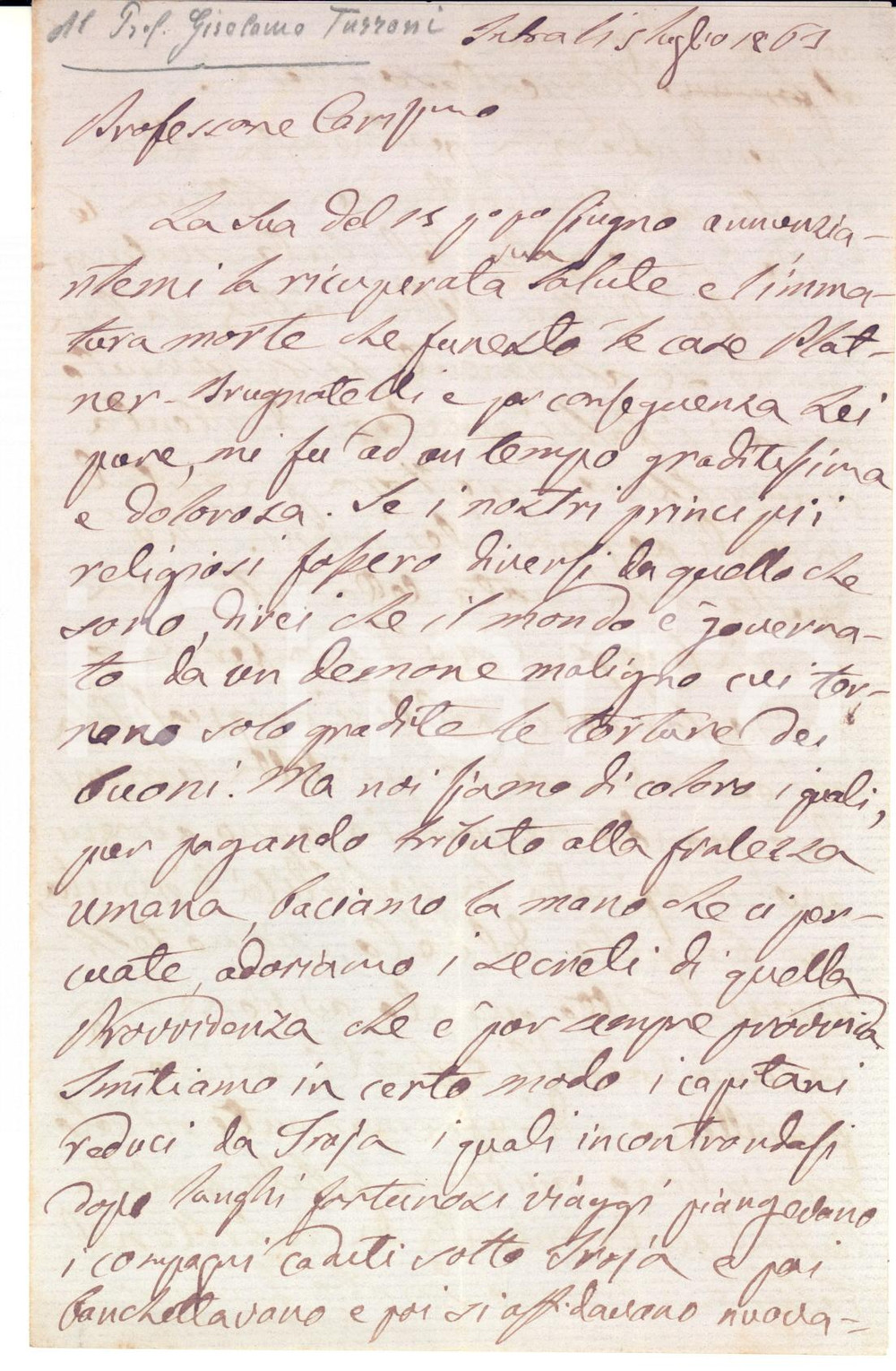 1863 INTRA Lettera RICCARDI a Gerolamo TURRONI sulla nuova patria AUTOGRAFO