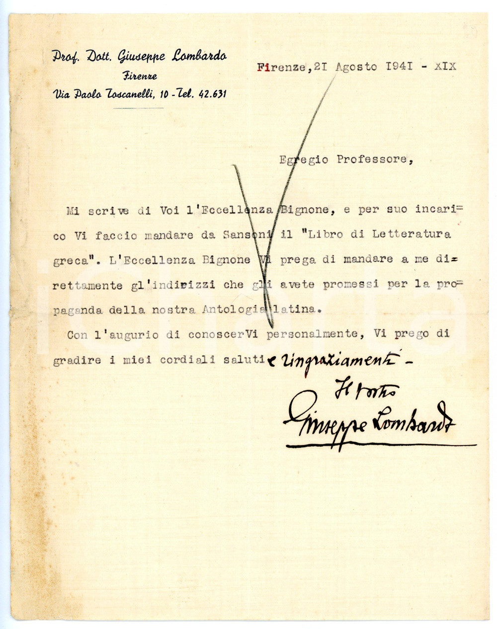 1941 FIRENZE Lettera Giuseppe LOMBARDO per invio libro SANSONI - AUTOGRAFO