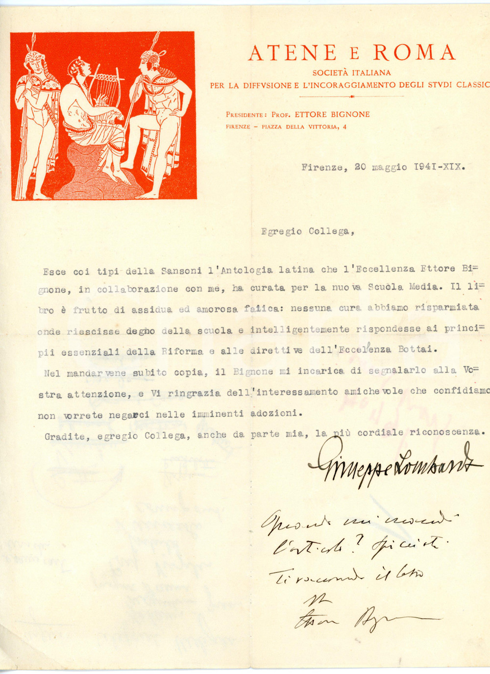 1941 FIRENZE Lettera Giuseppe LOMBARDO - Ettore BIGNONE per antologia *AUTOGRAFI